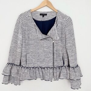 Banana Republic Blue‎ White Boucle Jacket Size 4 Business Casual Ruffled Preppy